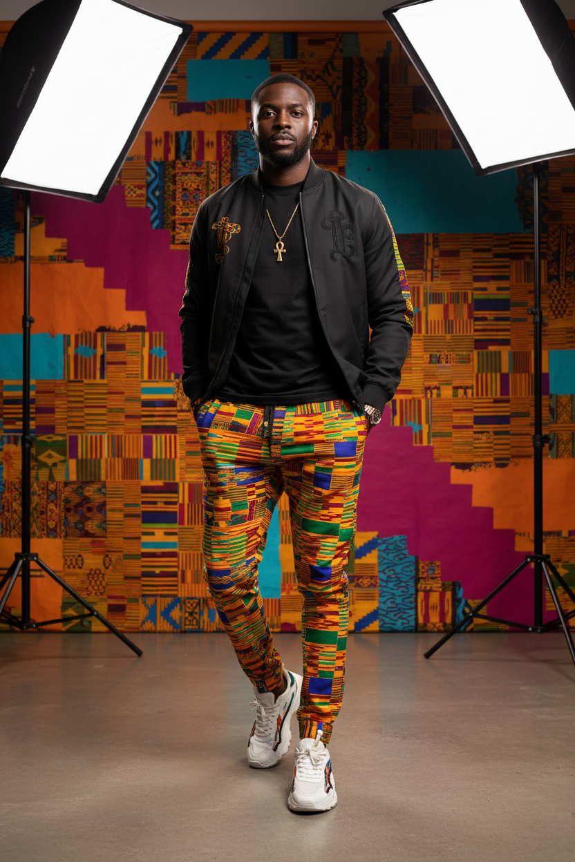 Kente Print Joggers editorial fashion photo