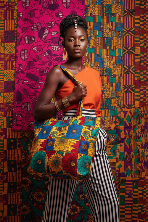 African Print Tote Bag editorial fashion photo