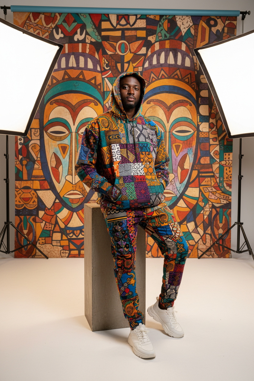 Ankara Patchwork Hoodie editorial fashion photo